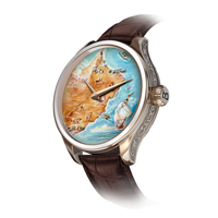 Hand-painted Omani cultural B360 watch with intricate details, showcasing iconic landmarks, Arabian horses, oryx, camels, and marine life.