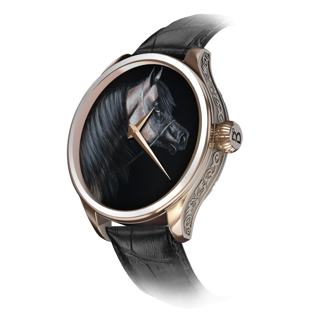 A luxurious hand-painted wristwatch named 'Silver Moon' by B360 Watch. The watch features a stunning depiction of a grey Arabian horse with flowing black hair, capturing the essence of elegance and artistry. The dial showcases the majestic beauty of the horse against a backdrop reminiscent of a moonlit night. A masterpiece that exudes uniqueness and sophistication, embodying the spirit of a true champion."