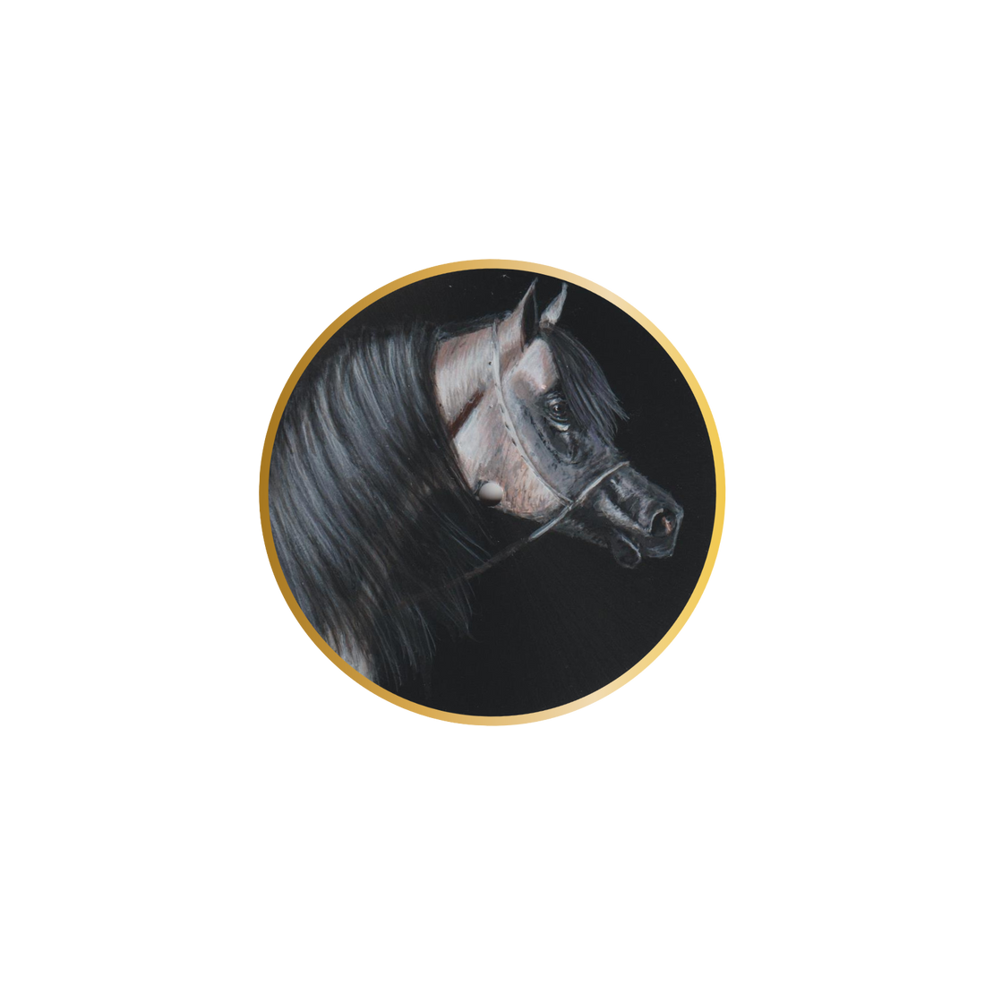 A luxurious hand-painted wristwatch named 'Silver Moon' by B360 Watch. The watch features a stunning depiction of a grey Arabian horse with flowing black hair, capturing the essence of elegance and artistry. The dial showcases the majestic beauty of the horse against a backdrop reminiscent of a moonlit night. A masterpiece that exudes uniqueness and sophistication, embodying the spirit of a true champion."
