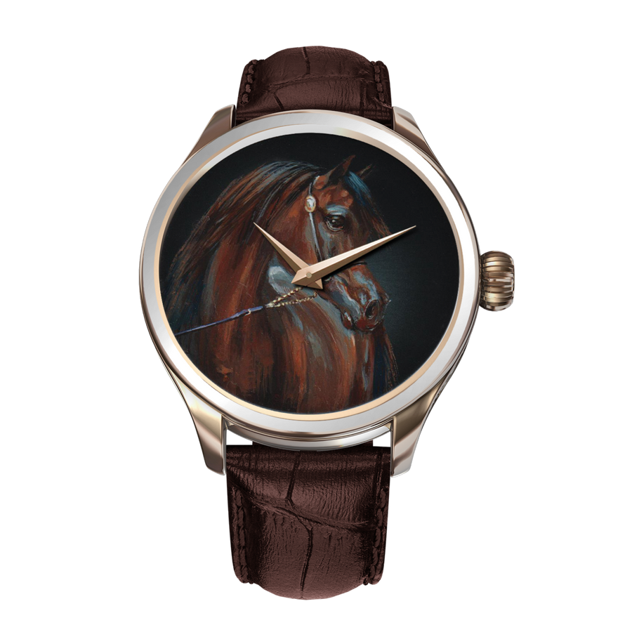  B360-A Champion's Portrait Watch. A stunning hand-painted dial showcases the grace and beauty of the iconic Arabian horse, Wadee Al Shaqab. Intricate brush strokes bring Wadee's majestic form and powerful physique. Limited edition horological masterpiece symbolises exclusivity and admiration for equestrian greatness.