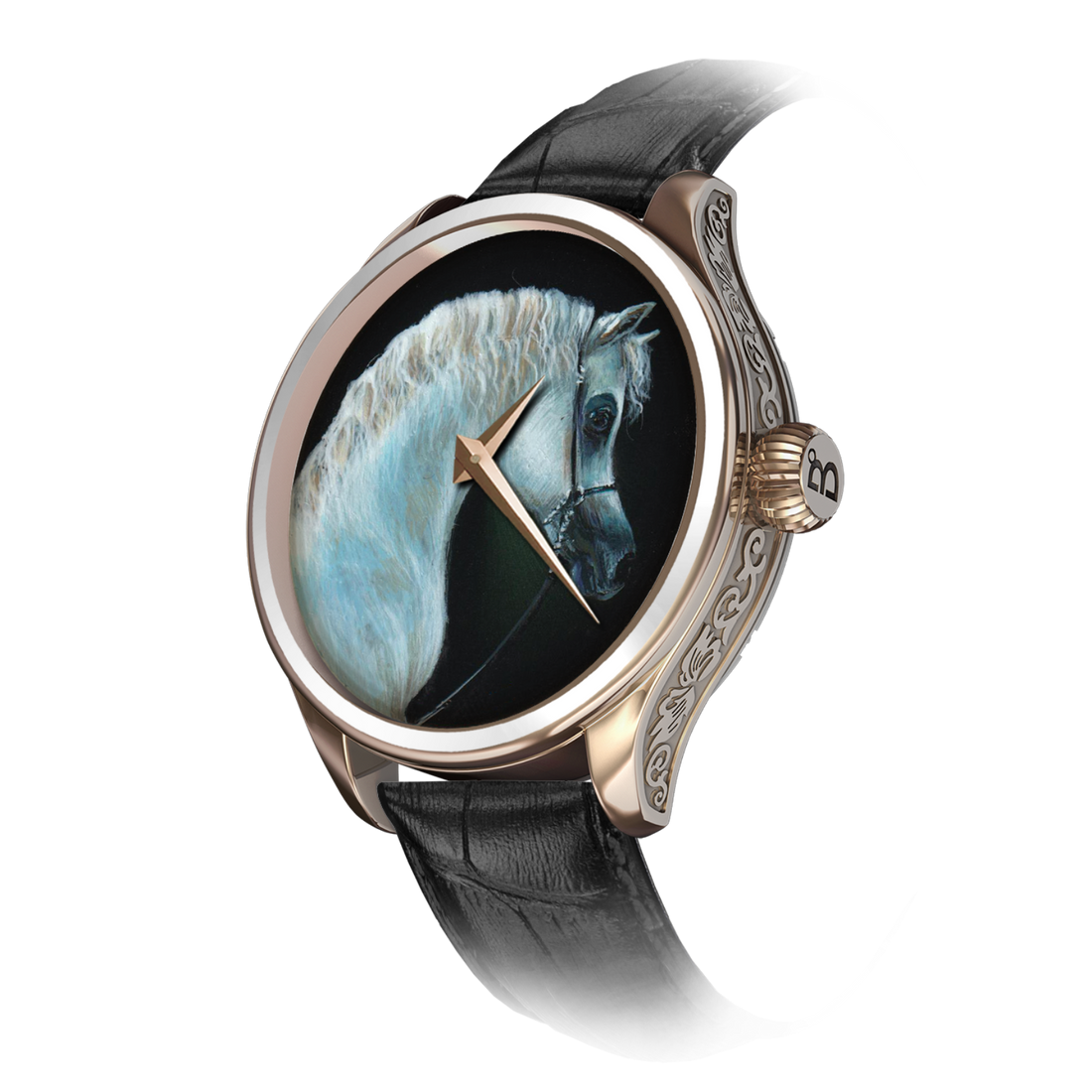 B360-watch-Moezz Al Baydaa Watch - A hand-painted portrait of the majestic Straight Egyptian Arabian horse, Moezz Al Baydaa, on the watch dial. Capturing its grace, elegance, and nobility in intricate detail, this horological masterpiece is a tribute to the timeless beauty of Moezz Al Baydaa and the artistry of equine portraiture