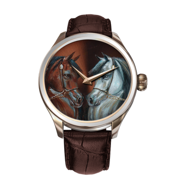 B360-watch-Wadee Al Shaqab: A Champion's Reflection Watch. A mesmerizing timepiece featuring a mirrored Wadee Al Shaqab, painted facing himself in both brown and immaculate white. The exquisite brown original portrays Wadee's majestic presence, while the white replica embodies the purity of imagination and admiration for this champion. A harmonious blend of brown and white styling on a single dial, celebrating the legendary Arabian horse's elegance and legacy.