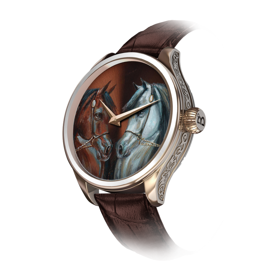 B360-watch-Wadee Al Shaqab: A Champion's Reflection Watch. A mesmerizing timepiece featuring a mirrored Wadee Al Shaqab, painted facing himself in both brown and immaculate white. The exquisite brown original portrays Wadee's majestic presence, while the white replica embodies the purity of imagination and admiration for this champion. A harmonious blend of brown and white styling on a single dial, celebrating the legendary Arabian horse's elegance and legacy.