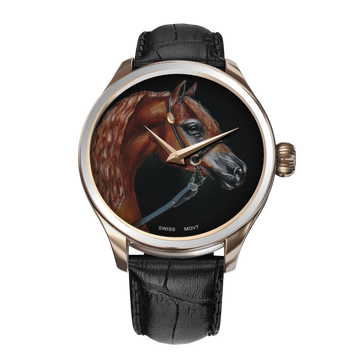 A luxurious B360 wristwatch inspired by the Arabian beauty 'Cavalli.' The watch features a hand-painted depiction of a magnificent stallion on the dial. The painting captures the essence of Cavalli's elegance and regal presence. Each brushstroke adds a touch of artistry, making this B360 timepiece a wearable masterpiece, paying homage to the extraordinary champion. Embrace the spirit of this Arabian treasure with a B360 watch as unique and remarkable as the stallion himself