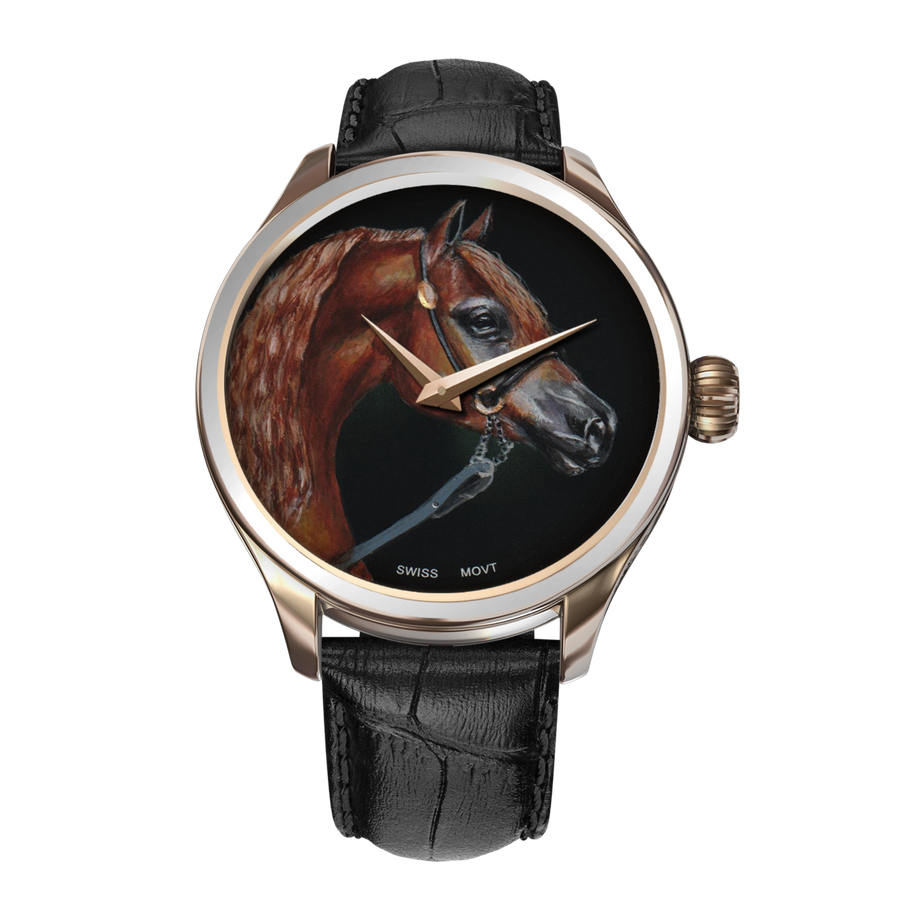 A luxurious B360 wristwatch inspired by the Arabian beauty 'Cavalli.' The watch features a hand-painted depiction of a magnificent stallion on the dial. The painting captures the essence of Cavalli's elegance and regal presence. Each brushstroke adds a touch of artistry, making this B360 timepiece a wearable masterpiece, paying homage to the extraordinary champion. Embrace the spirit of this Arabian treasure with a B360 watch as unique and remarkable as the stallion himself