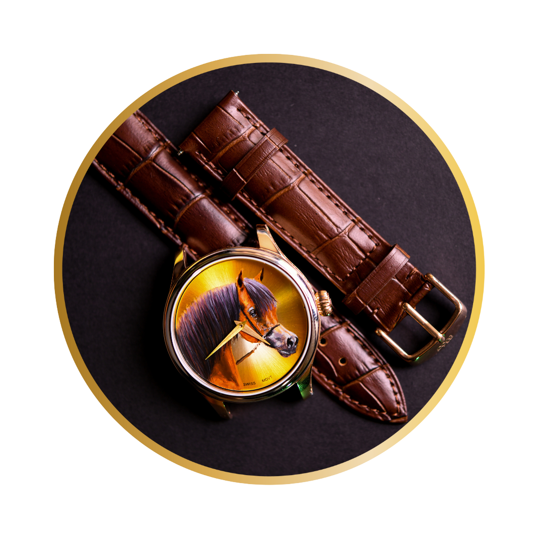 A luxurious B360 watch featuring a hand-painted depiction of a brown, golden, and black-haired Arabian horse on the dial. The elegant horse showcases its distinctive dished face, large wide-set eyes, and an arched tail, embodying grace and athleticism. This exquisite timepiece captures the timeless allure of the Arabian breed, symbolizing the harmonious bond between humans and horses.