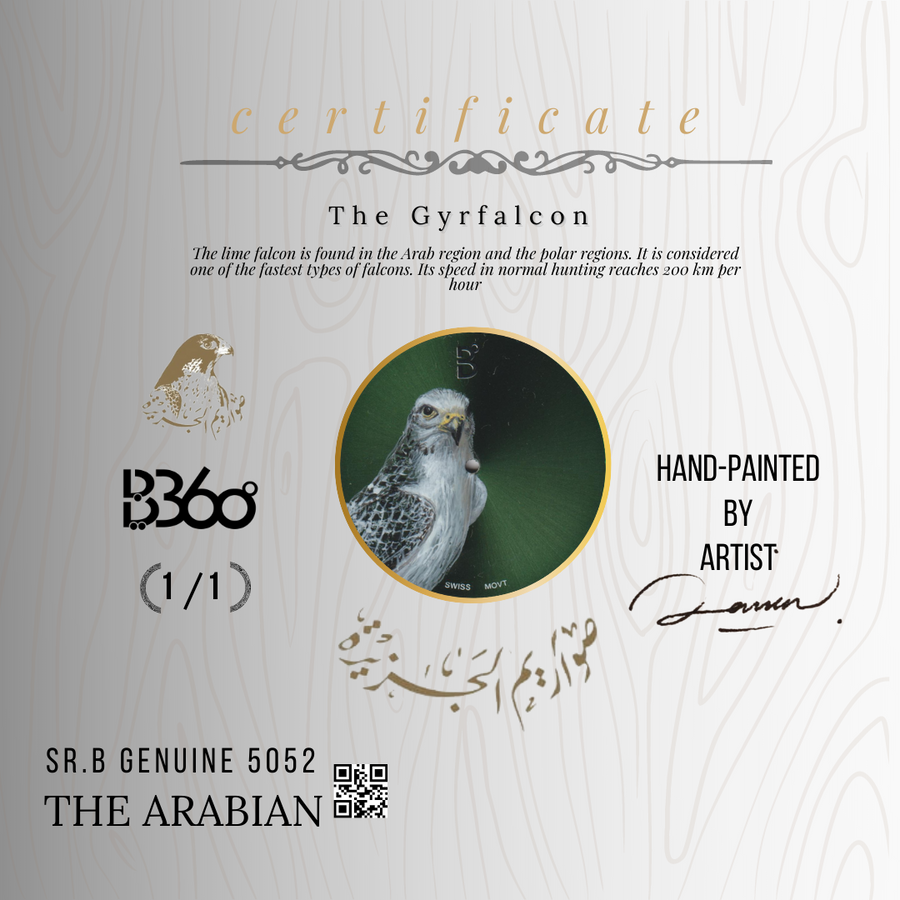 B360-Watches-has mastered the art of combining traditional art with technology to develop versatile watch collections. We introduce to you another watch collection known as the Arabian Falcons.Each watch in our unique hand painted collection embodies a falcon. The falcons come with a signed certificate by our artists and marked as 1 out of 1. You too can be a proud owner of one of these falcons. They are rare, highly valuable, and symbolic.