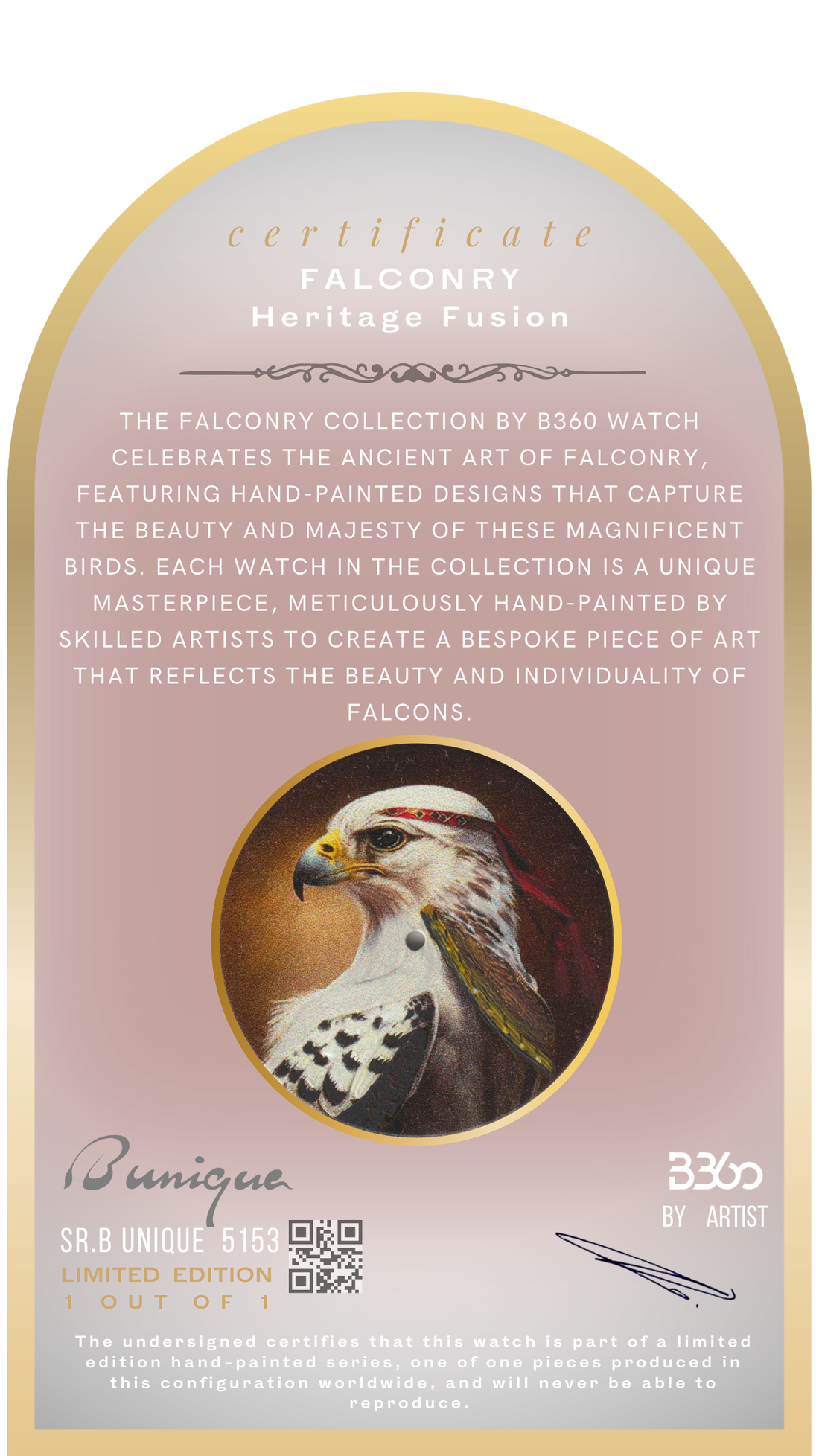 A one-of-a-kind watch from the B360 B Unique falconry  Collection featuring a stunning hand-painted design of falcons