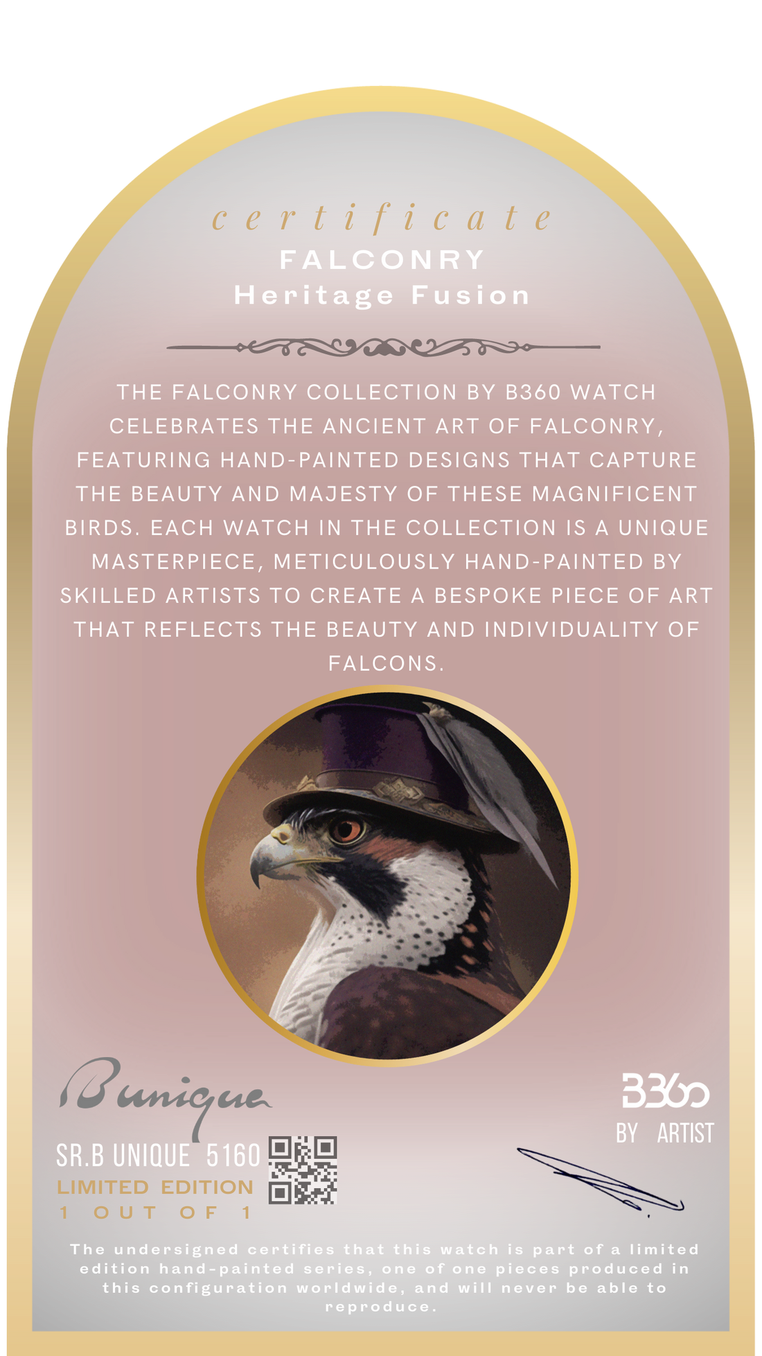 A one-of-a-kind watch from the B360 B Unique falconry  Collection featuring a stunning hand-painted design of falcons