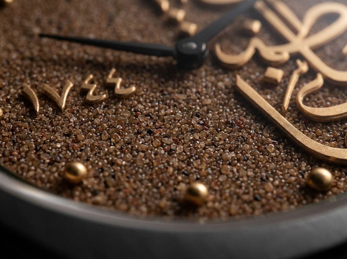 Close-up of the genuine Omani sand dial, the raised gold ١٧٤٤ numerals and the hands