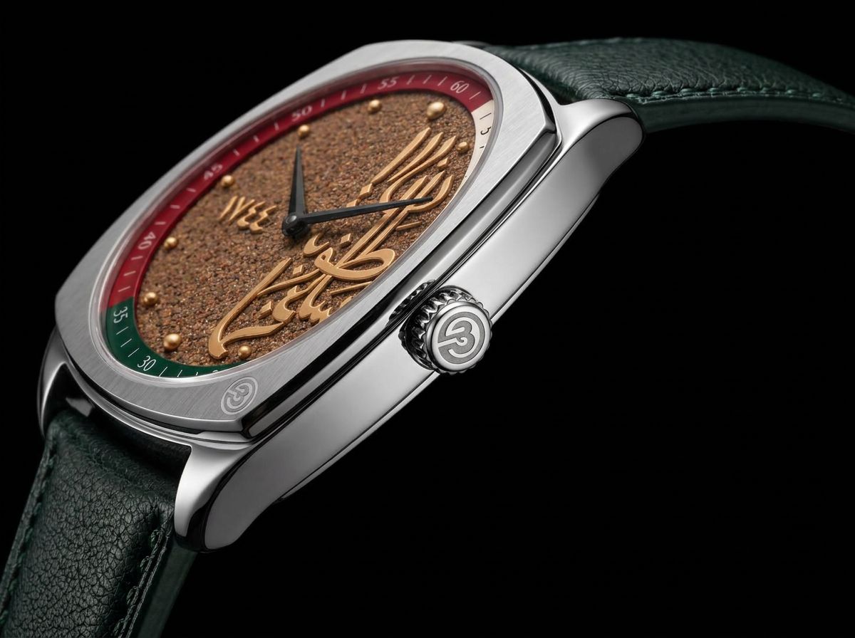 The Oman Edition in three-quarter view: sand dial, gold calligraphy and deep-green leather strap